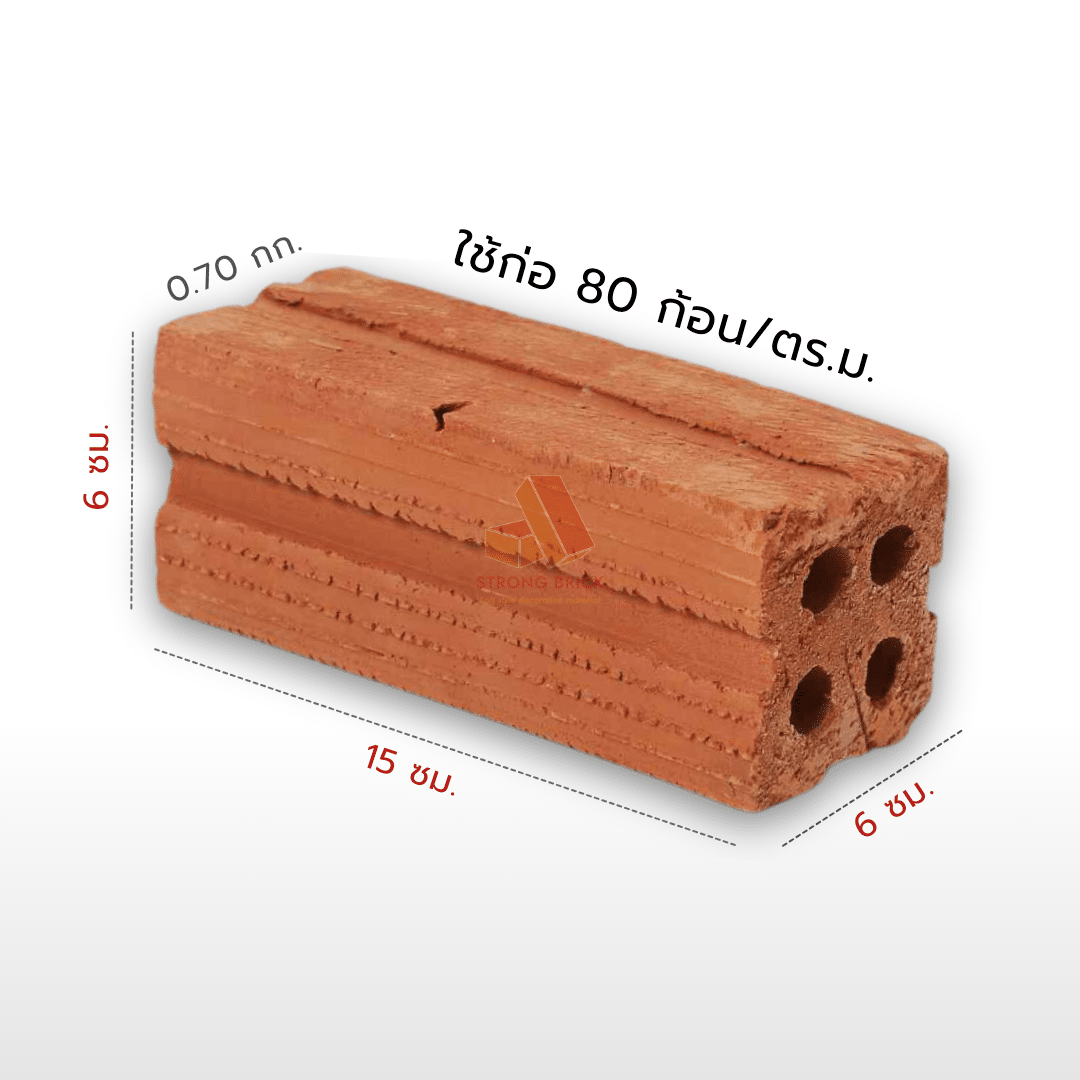 อิฐมอญ 4 รู ใหญ่ ราคาถูก – ขนาด 6 x 6 x 15 ซม. – น้ำหนัก 0.68 กก./ก้อน – ใช้ก่อ 80 ก้อน/ตร.ม.